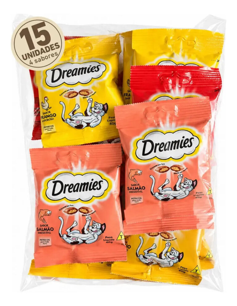 Petisco Dreamies Para Gatos Pacote Com 15 Sache Misto 600g Carne, Frango, Salmão E Queijo