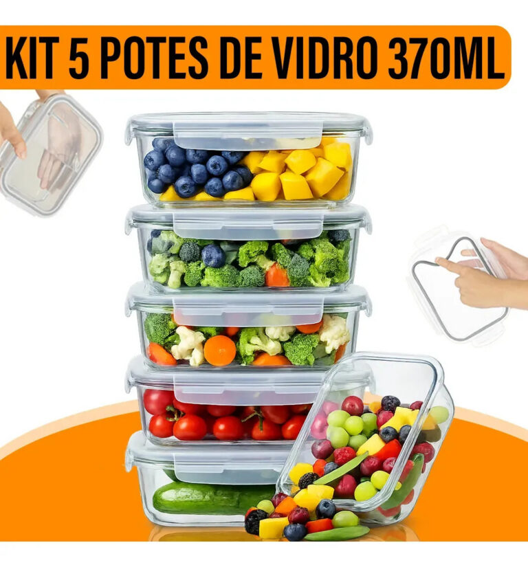 Kit 5 Potes Herméticos de Vidro Borossilicato Yab 370ml Retangular com Tampa Branca