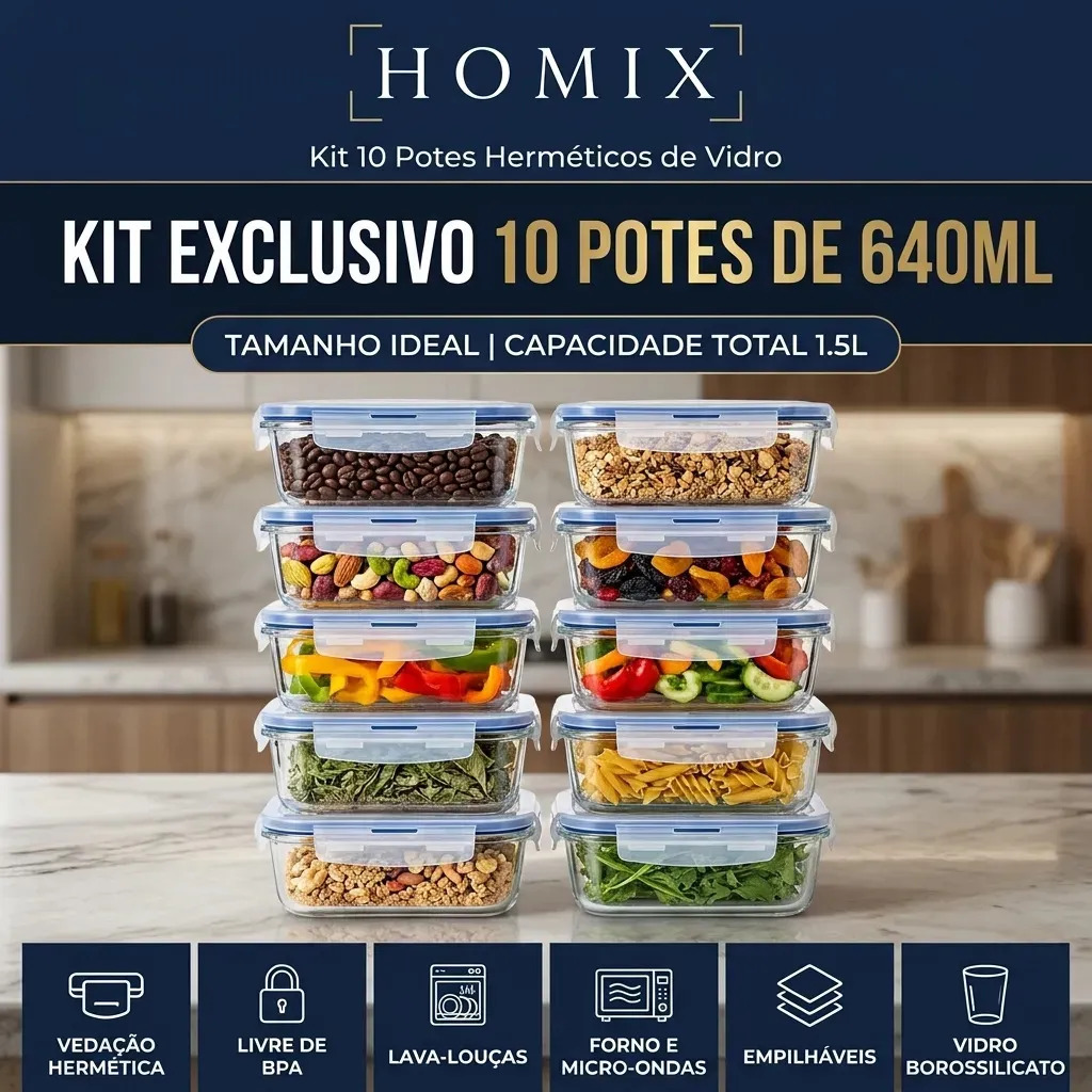 Conjunto 10 Potes 640ml Vidro Hermético 4 Travas Marmita Universo Mix