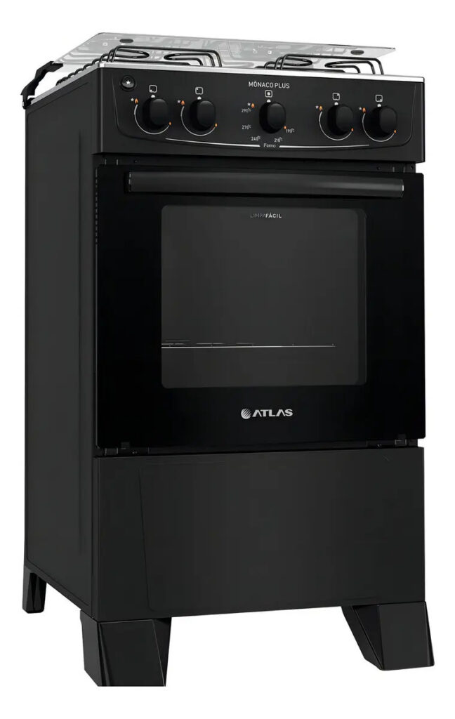 Fogão 4 Bocas Atlas Mônaco Plus Preto Com Mesa Inox E Acendimento Automático Bivolt