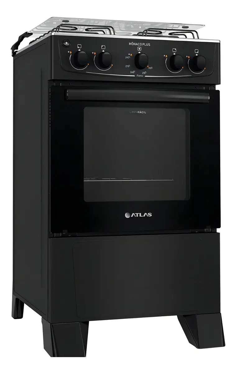 Fogão 4 Bocas Atlas Mônaco Plus Preto Com Mesa Inox E Acendimento Automático Bivolt