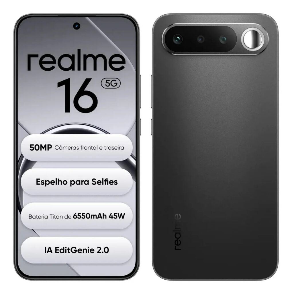 Smartphone Celular Realme 16 5g 256gb 12gb Ram Dual Sim Câmera De 50mp Lumacolor Image Espelho para Selfies Bateria 6550mah, Resistência à água Ip69 Pro, 4200nit Amoled Preto