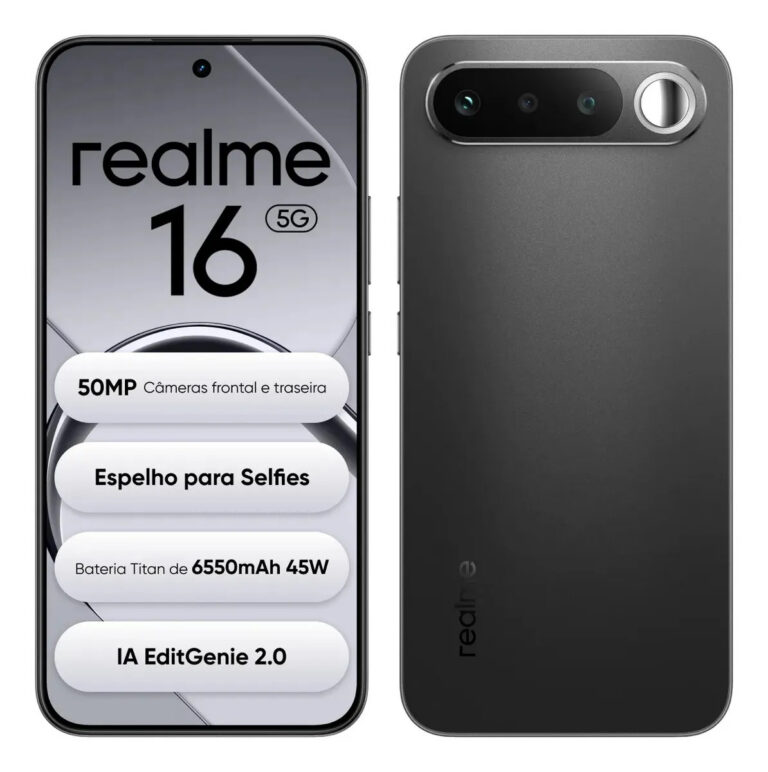 Smartphone Celular Realme 16 5g 256gb 12gb Ram Dual Sim Câmera De 50mp Lumacolor Image Espelho para Selfies Bateria 6550mah, Resistência à água Ip69 Pro, 4200nit Amoled Preto