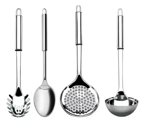 Kit 4 Utensílios Inox Cozinha Colher Concha Escumadeira