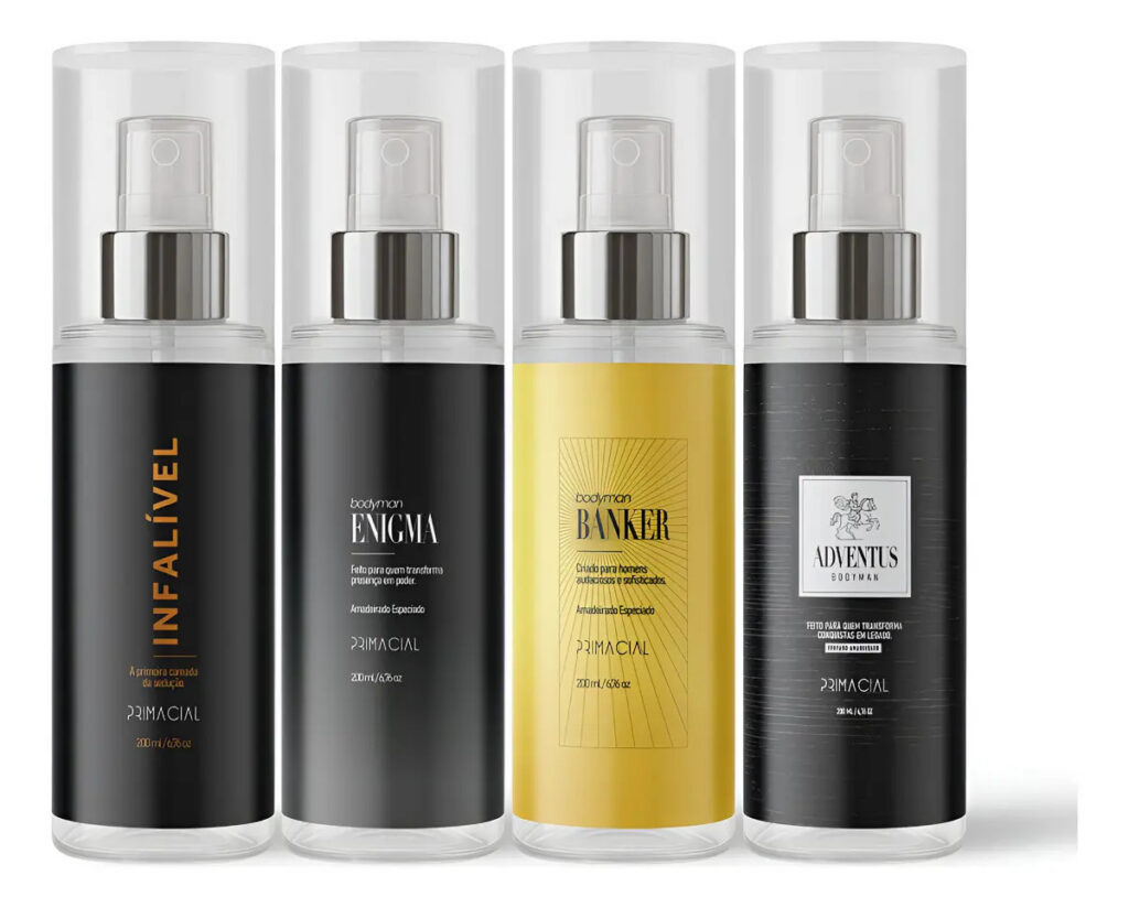 KIT BODY SPLASH MASCULINO INFALIVEL + ENIGMA + BANKER + ADVENTUS 200ML – PRIMACIAL PERFUME AMADEIRADO