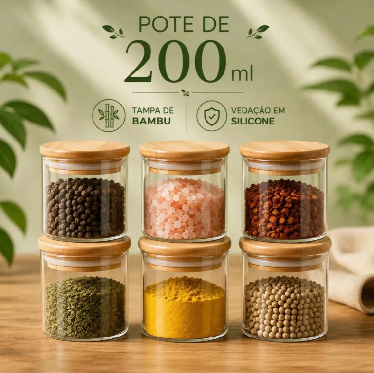 Kit Com 6 Potes 200ml Porta Temperos Condimentos Mantimentos Tampa Bambu Vedação Hermética Vidro Borossilicato Premium Resistente Cozinha Bravli