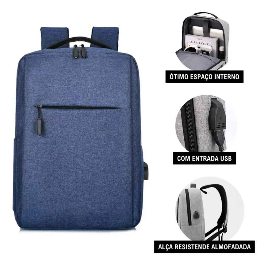 Mochila Impermeável Com Usb Carregador Reforçada Cor Azul – Miran
