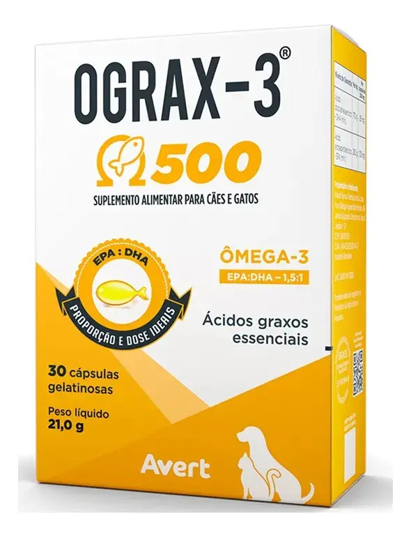 Suplemento Ômega-3 Para Cães E Gatos Avert Ograx-3 500mg 30 Cápsulas