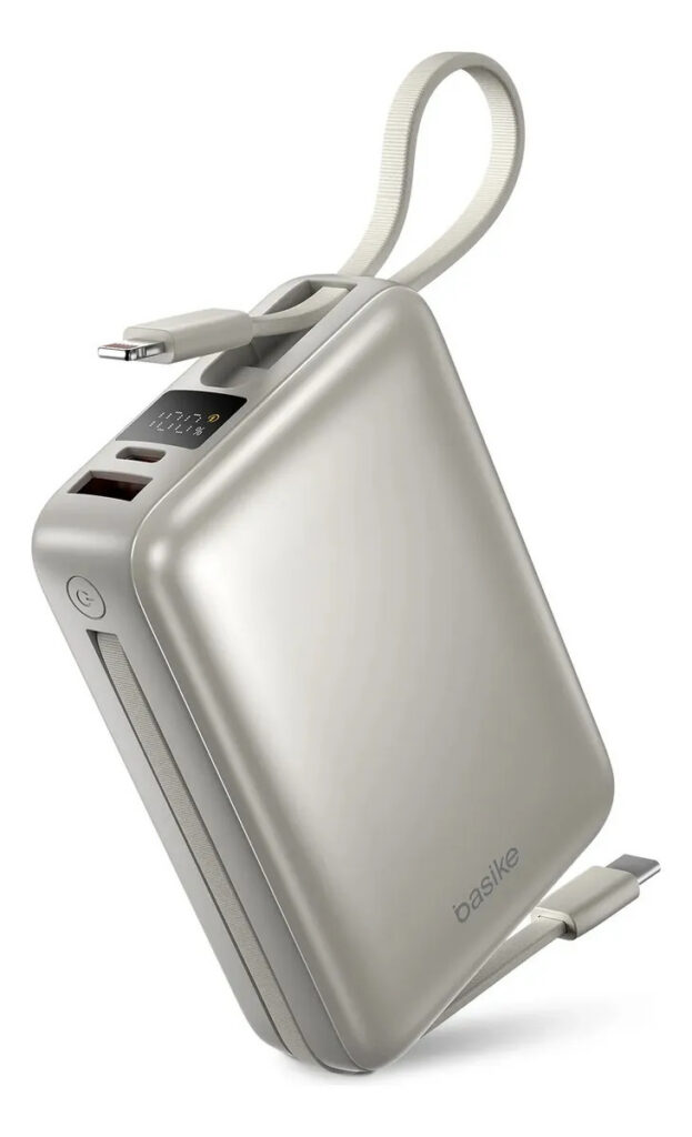 Carregador Portátil Power Bank Basike 20000mAh 22.5W Rápido Cabos Embutidos Tipo C iPhone Samsung