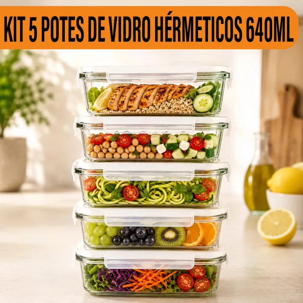 Yab – Kit 5 Potes De Vidro Marmita C/ Tampa Hermético 640ml Retangular 4 Travas Borossilicato Alimentos Micro-ondas Freezer Geladeira