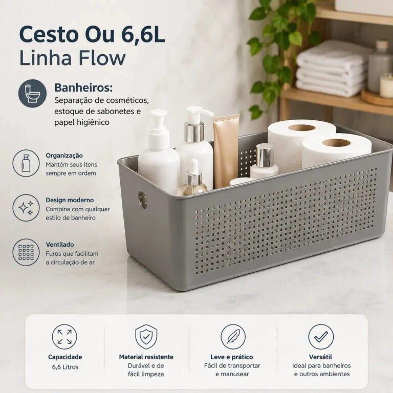 Cesto Organizador Flow 6,6 Litros Chumbo OU CFW250CHF – Para Roupas Produtos de Limpeza Lavanderia Alimentos Cozinha Brinquedos Papel Higiênico Armário Prateleira Quarto Closet