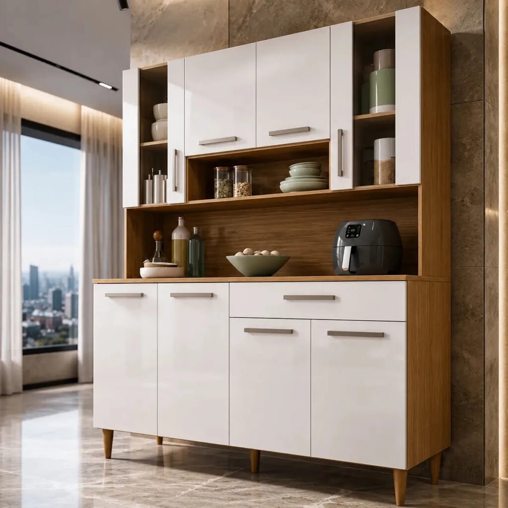 Armário de Cozinha Completa Poliman Inova 120 cm com 8 Portas e Balcão Aéreo Freijó Off White
