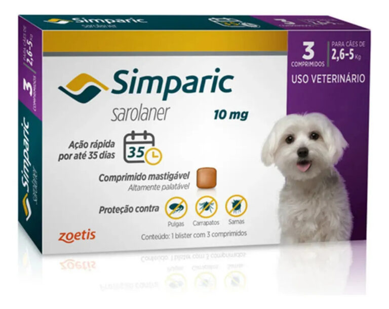Simparic 10mg C/ 3 Comprimidos Para Cães 2,6kg A 5kg Proteção Completa Antipulgas E Carrapatos