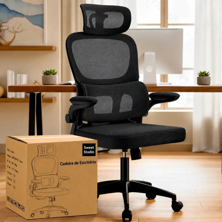 Cadeira de Escritório Sweet Studio Ergonômica Preta, com Apoio de Cabeça e Suporte Lombar
