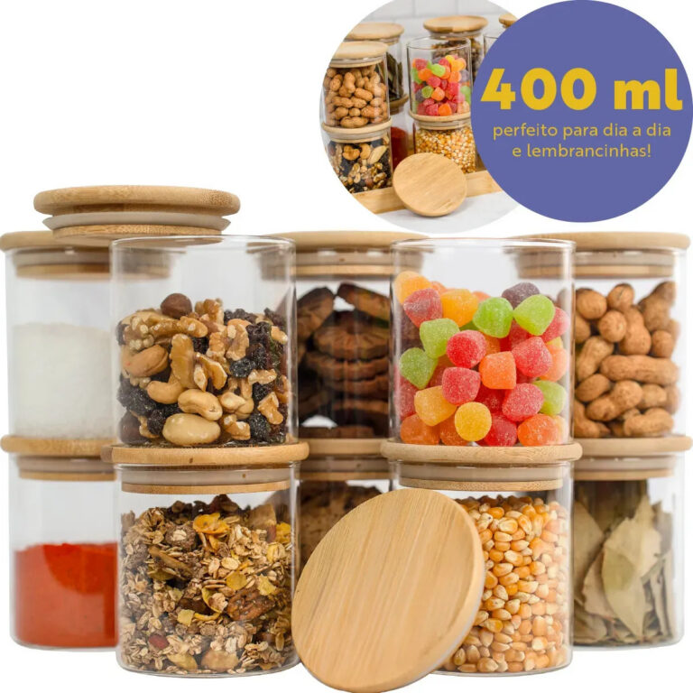 Kit 10 Pote Vidro Hermético Tampa De Bambu 400ml Cozinha Transparente