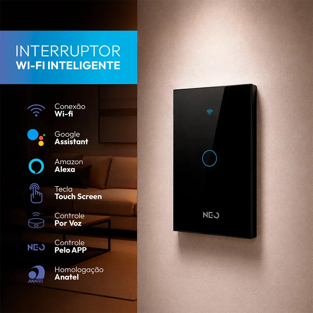 Interruptor Smart Inteligente Wi-fi 2.4 GHz Alexa google 1 Botão 4×2 Bivolt Preto Cod: 291990365 Neo Avant