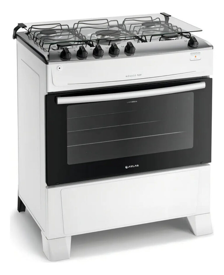 Fogão 5 Bocas Branco A Gás Com Mesa Inox Atlas Mônaco Top