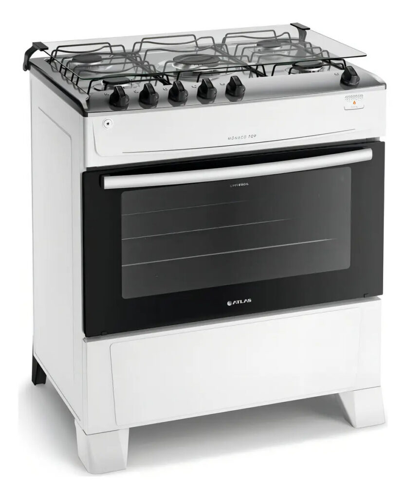 Fogão 5 Bocas Branco A Gás Com Mesa Inox Atlas Mônaco Top