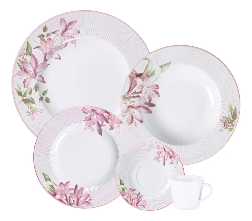 Aparelho Jantar Dominique Em Porcelana 20 Peças Tramontina Branco Com Rosa Florido