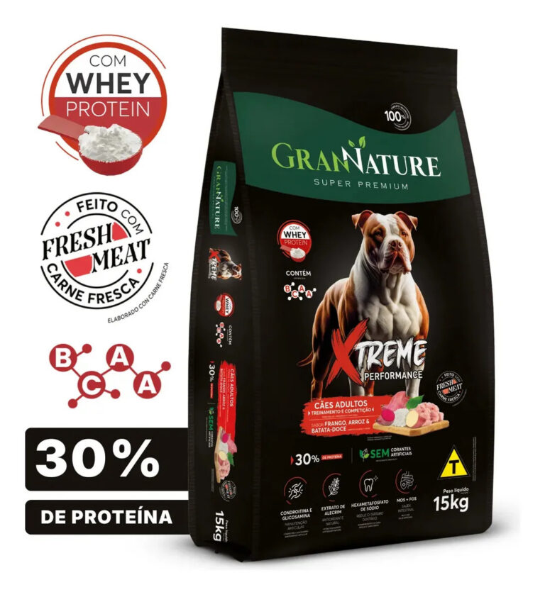Ração Whey Protein Grannature Xtreme Alta Performance 30% Proteína para Cães Adultos raças Médio E Grande Porte Alimento Seco Sabor Frango Super Premium Com Bcaa Sem Corantes Saúde Articular 15kg