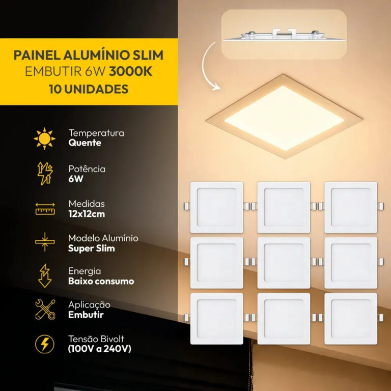 Kit 10 Painel Led Plafon Aluminio Embutir 6w 3000k Branco Quente 12x12Cm Quadrado Cod: ALUT001969-10 Alut By Avant