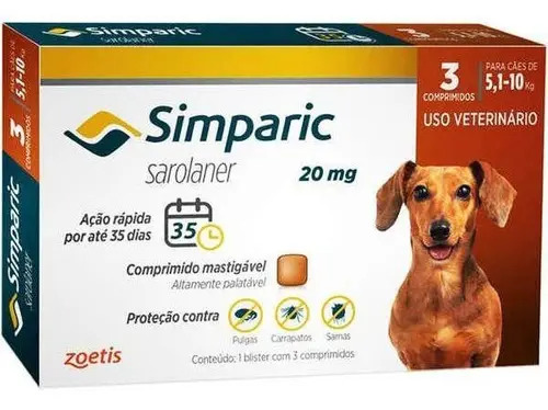 Simparic Zoetis Antipulgas Carrapatos Sarnas Cães 5,1 A 10kg 3 Comprimidos