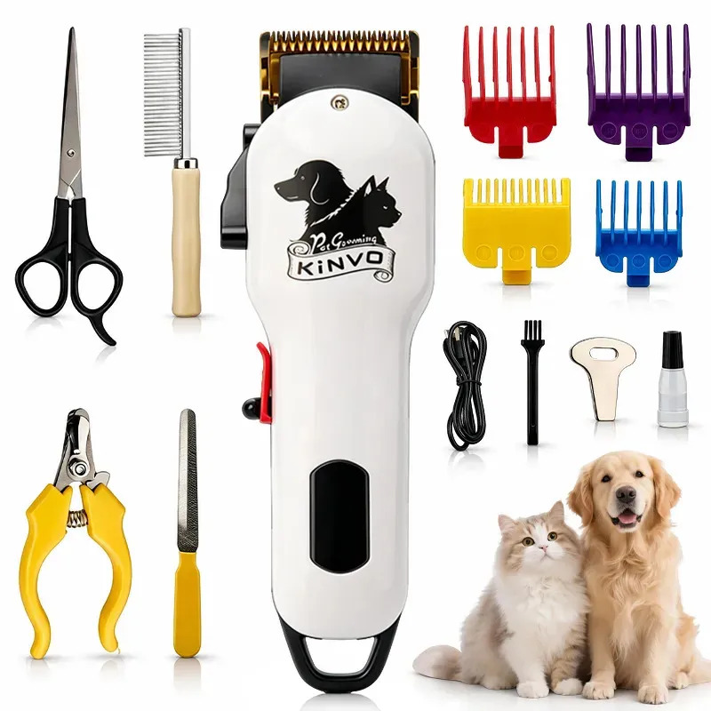 Kit Máquina De Tosa Kinvo Profissional Potente Pet Cães Gato Cachorro 7500 Rpm Sem Fio Recarregável Silencioso Com Led Display Diversos Acessórios Branco