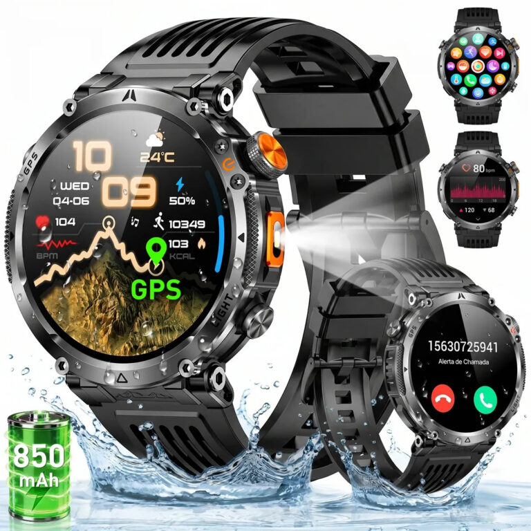 Relógio Inteligente Smartwatch Gps Autônomo IP68 3ATM À prova d’água 850mAh Preto NOVANTE Digital Feminino Masculino Esportivo Android IOS Notificações Instantâneas Bluetooth Chamadas Lanterna Bússola