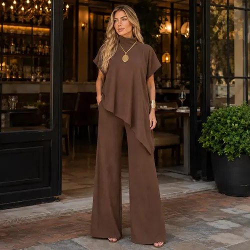 Conjunto Feminino Ana Ruga Pantalona Gola Alta Elegante