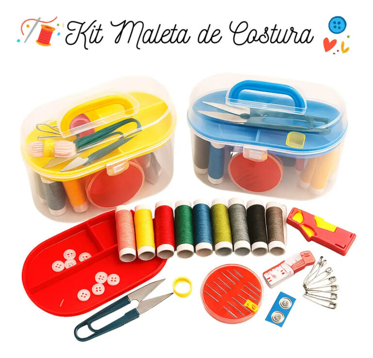 Kit Costura Maleta Completo 52 Peças Linha Agulha Tesoura Cinza Portátil