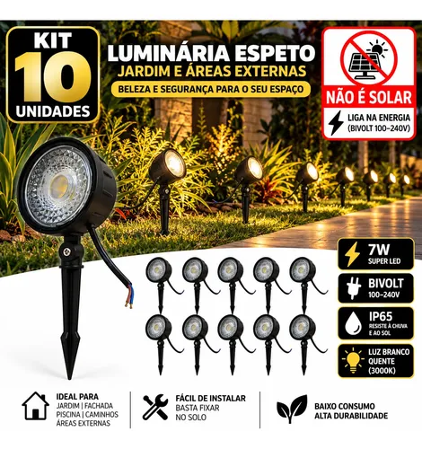 Kit 10 Luminária Espeto Jardim Super Led 7w Ip65 Prova Dágua