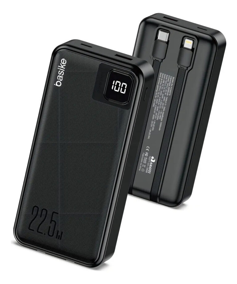 Power Bank Basike 20000mAh Preto, Carga Rápida 22.5W para iPhone e Samsung, Com Cabos Embutidos e Display