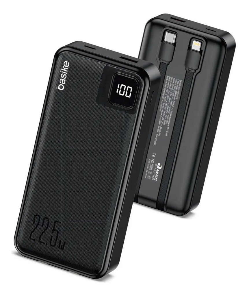Power Bank Basike 20000mAh Preto, Carga Rápida 22.5W para iPhone e Samsung, Com Cabos Embutidos e Display