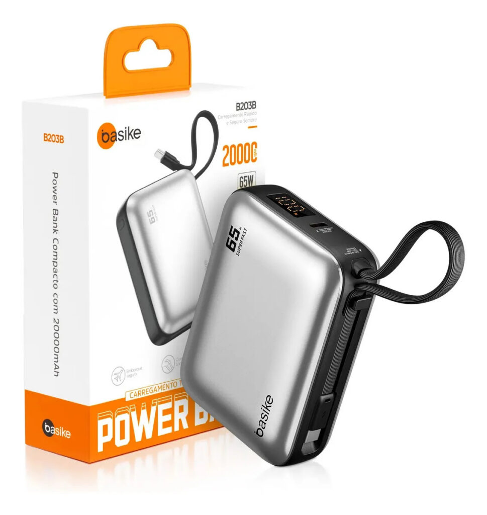 Power Bank Basike 20000mAh para Notebook e Celular com Cabo USB-C 65W
