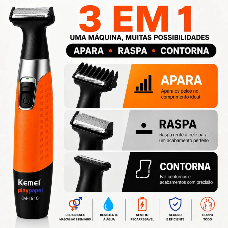 Barbeador Elétrico Kemei KM-1910 Aparador Depilador De Pelos Íntimos Corpo Masculino Feminino Recarregável Sem Fio USB Com 4 Pentes Resistente À Água