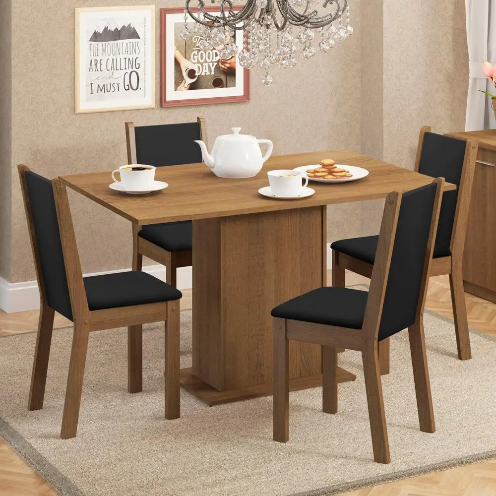 Sala De Jantar Madesa Talita Mesa Tampo Madeira 4 Cadeiras Cor Rustic/Preto/Sintético Preto Desenho do tecido das cadeiras Liso