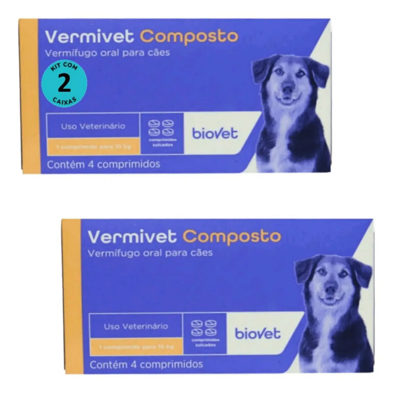 Vermífugo Vermivet Composto Biovet 600mg Para Cães E Gatos Kit 2×4 Comprimidos