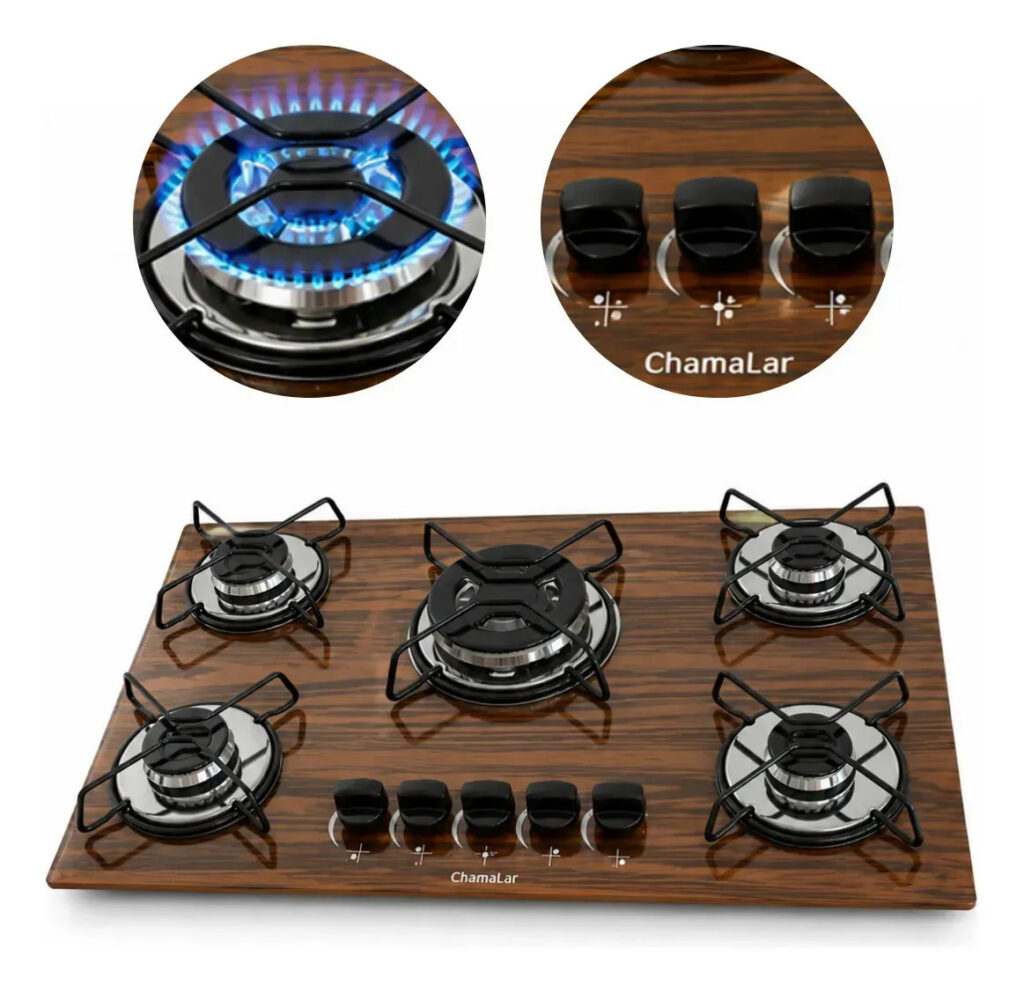 Fogão Cooktop Gás 5 Bocas Tripla Chama Amadeirado Escuro