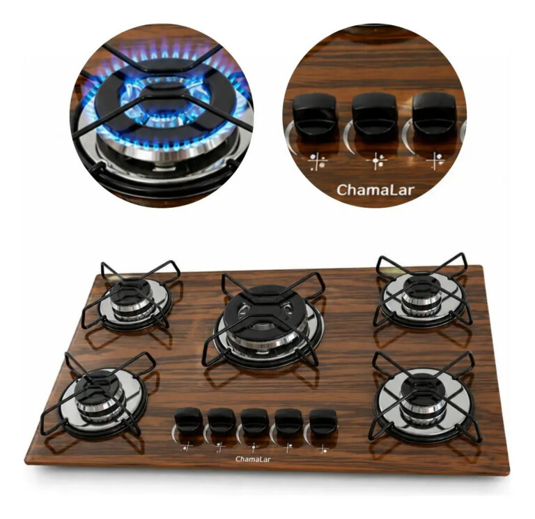 Fogão Cooktop Gás 5 Bocas Tripla Chama Amadeirado Escuro