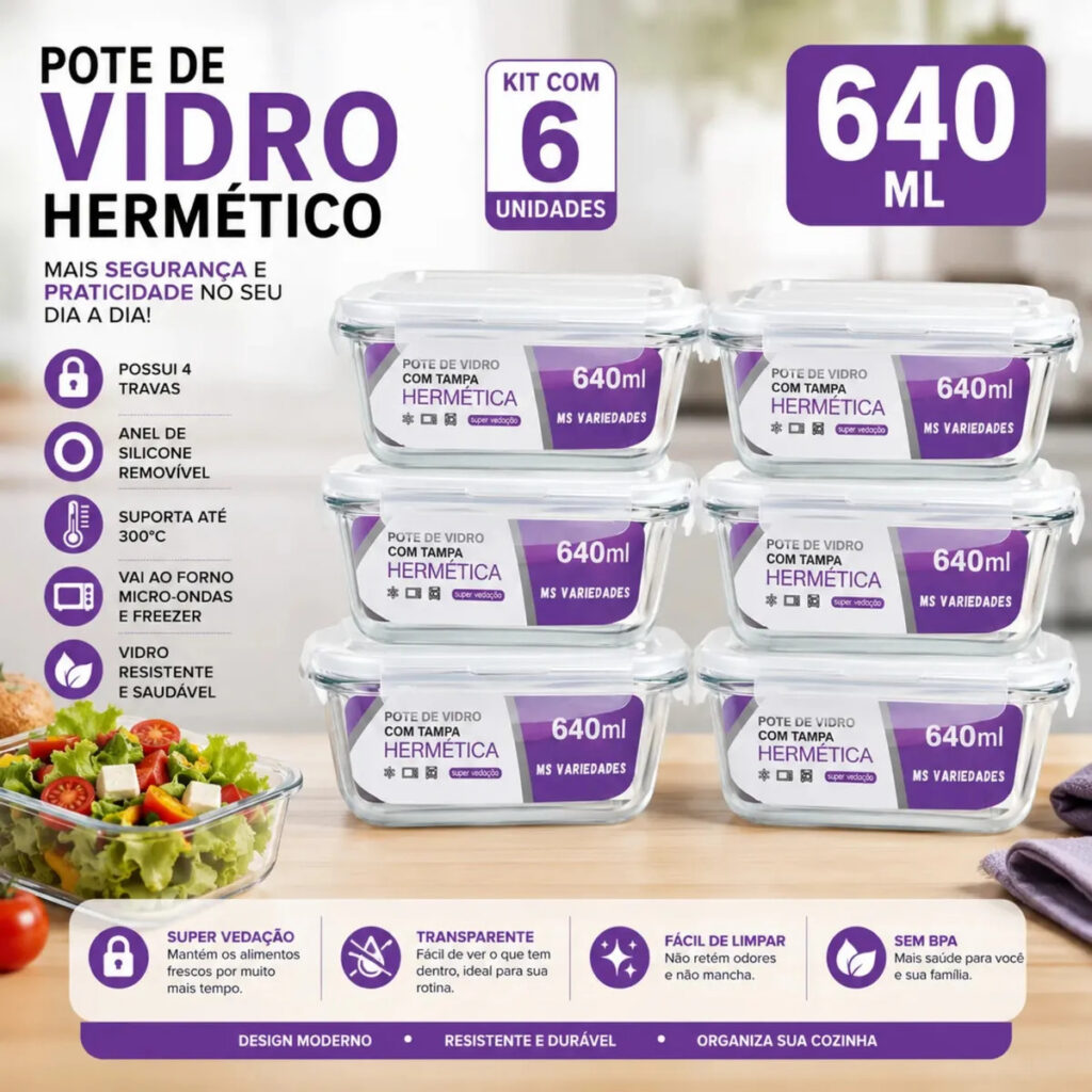 Kit 6 Potes 640ml Vidro Borossilicato Hermético 4 Travas Marmita Forno Freezer