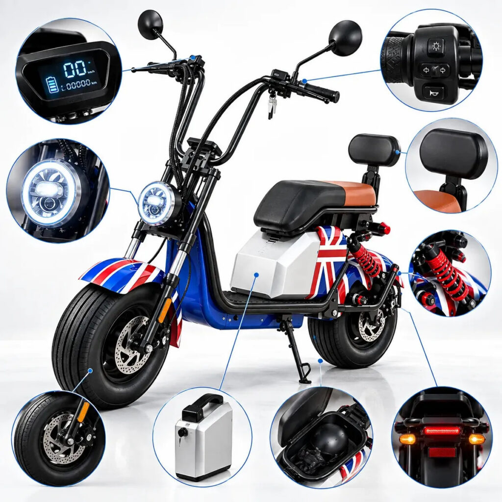 Moto Elétrica Scooter Preta Austrália 48V 1000W Bateria Removível 2 Lugares Aro 15 Farol LED Painel Digital Alarme Retrovisores Setas Buzina 35 km/h Até 200 kg Sem CNH