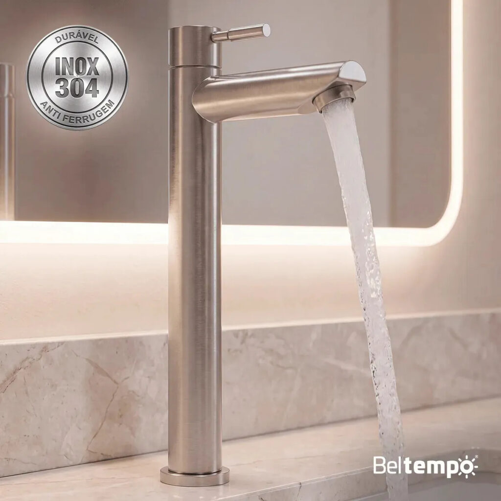 Torneira Para Banheiro De Mesa Bica Alta 1/4 De Volta Aço Inox 304 Escovado Elegance Beltempo