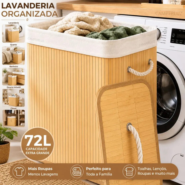Cesto Organizador De Roupa Bambu Dobrável Retangular Com Tampa Forro e Alças 72 Litros Grande Capacidade Reforçado Caixa Organizadora para Brinquedos – Marca Camperluz