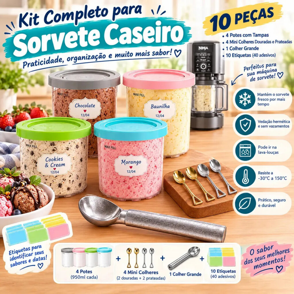 FALLOVE Kit 4 Potes Sorvete Ninja Creami + 4 Colheres + 1 Colher Grande + 10 Adesivos 40 Etiquetas | Pote Hermético Transparente, Pote Plástico Transparente com Tampa, Armazenamento Gelado