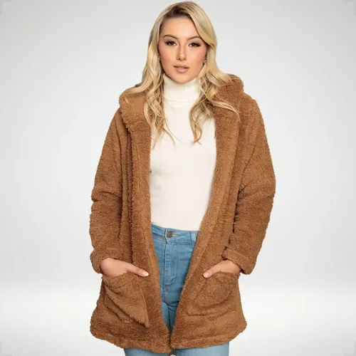 Blusa Teddy Feminino Casaco Sobretudo Inverno Bolsos Capuz