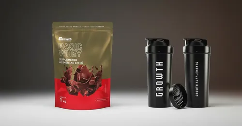 Kit Growth: Whey Protein Basic Chocolate 1kg + Coqueteleira Shaker Academia Preta 600ml
