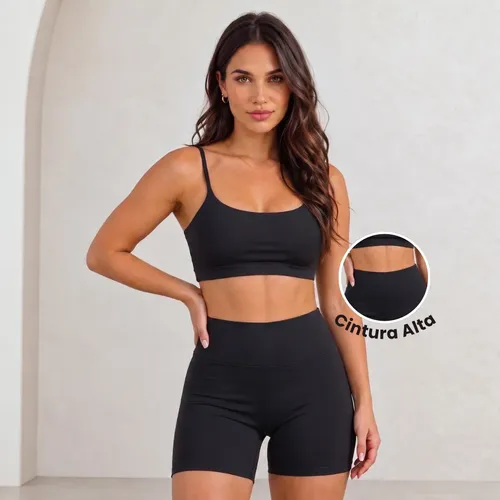 Conjunto Top Shorts Academia Fitness Virginia Cintura Alta
