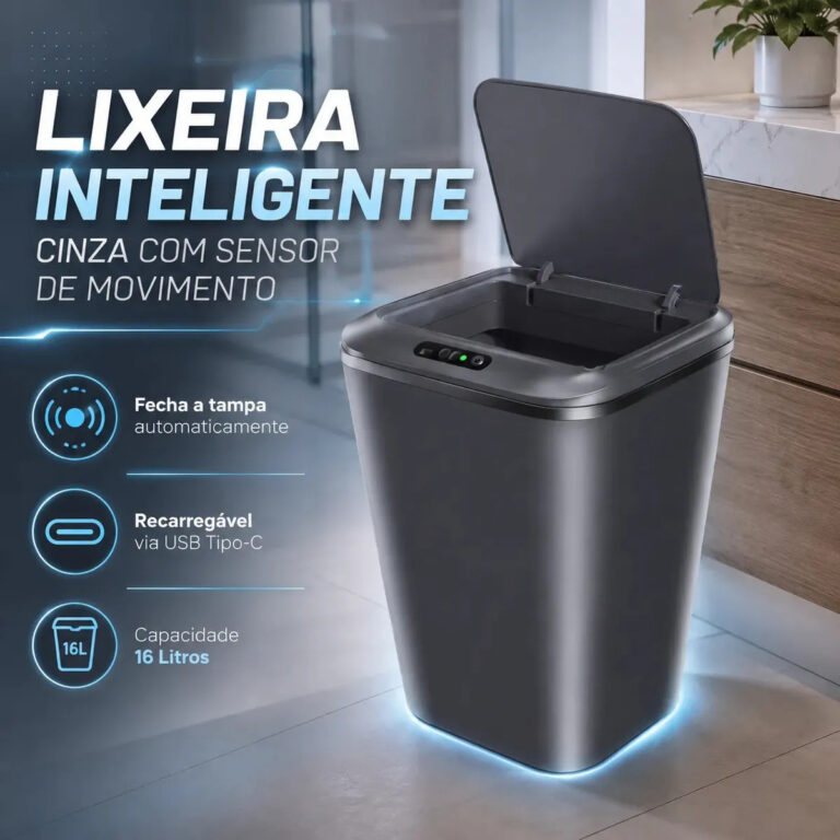 Lixeira Inteligente Automática Cinza Universal Com Sensor Recarregável Earman Company Anti Odor 16l Recarregável Usb