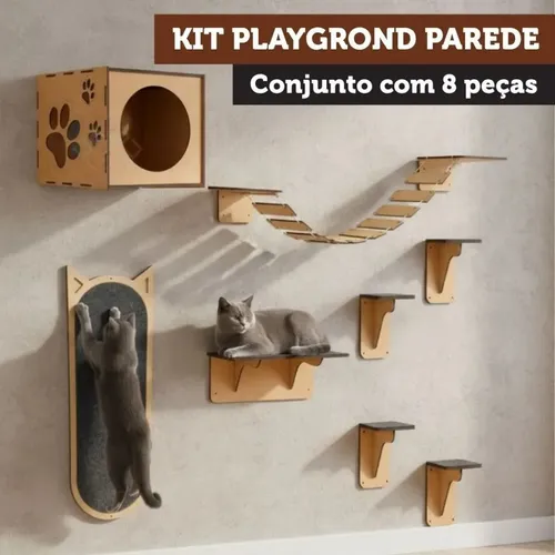 Kit Gato Parede Mdf 8 Peças Nicho Ponte Prateleira Degraus