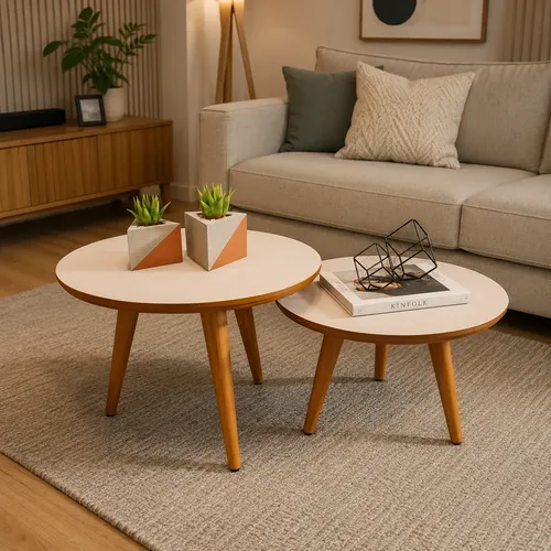 Conjunto Mesa De Centro Para Sala Lateral Redonda Pés Palito